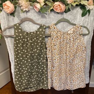 2 Loft, sleeveless blouses size XS in olive green and yellow w/ flower design.